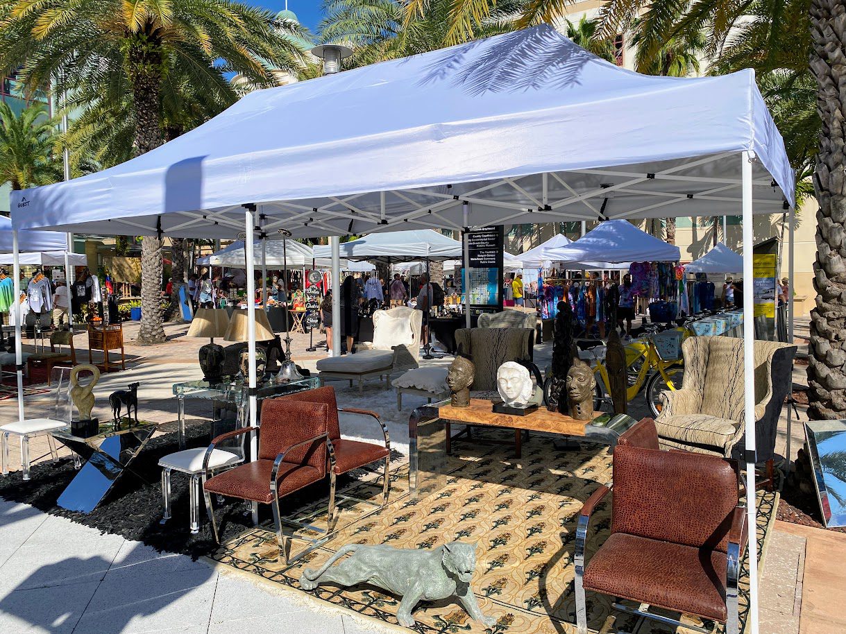 Flea market tent with vintage furniture and art