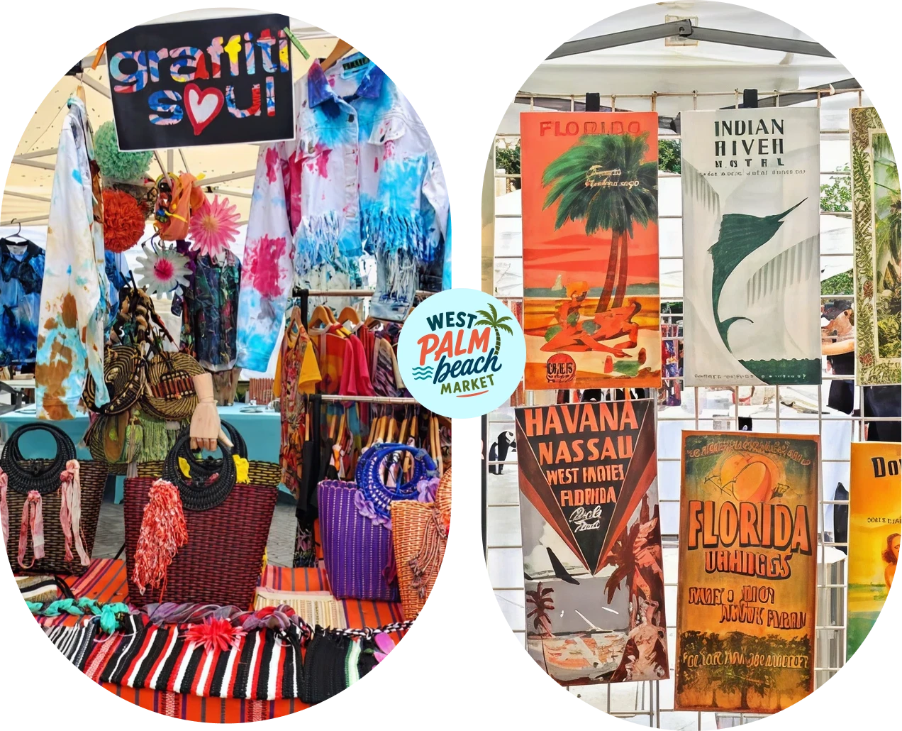 Vintage-style travel posters on display