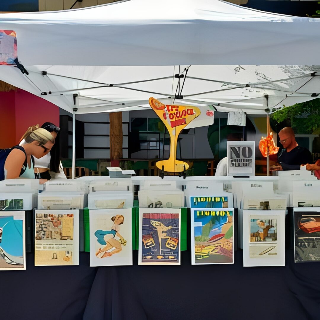 Browsing colorful vintage posters outdoors