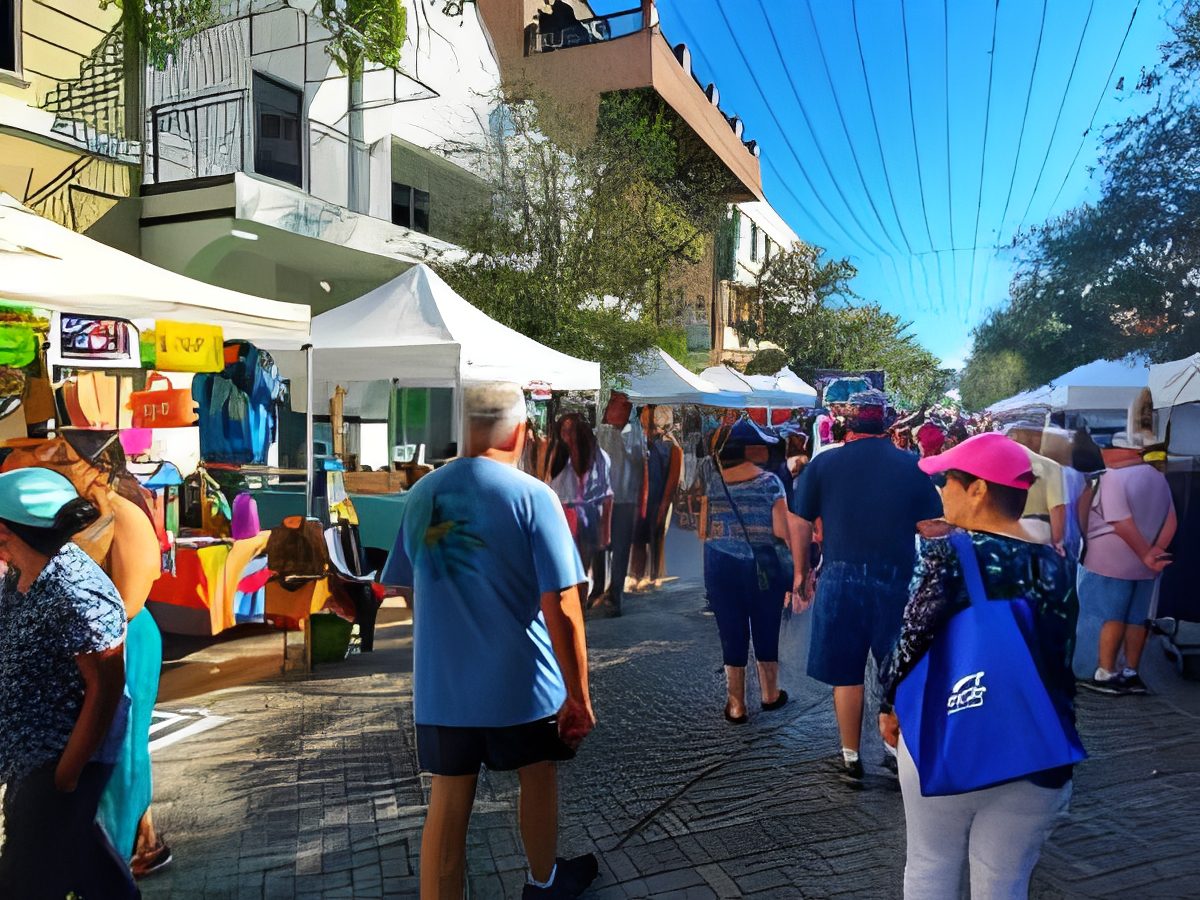 Sunny day at a bustling outdoor market.